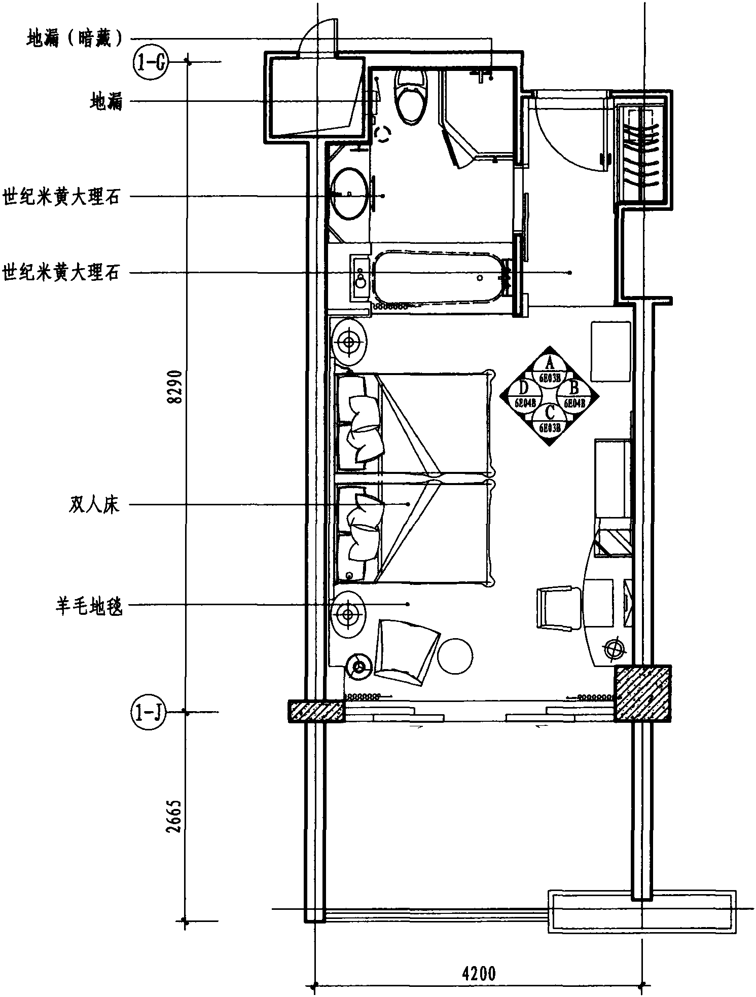 六层标准双人房平面布置图 1:75